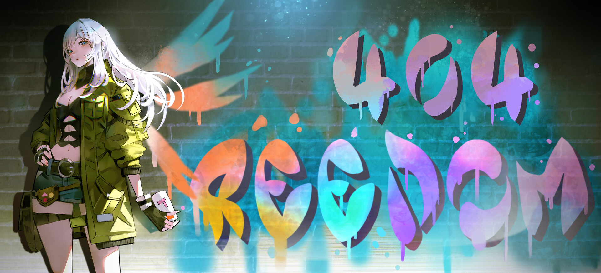 an anime girl with white hair is standing in front of a brick wall that is covered in graffiti. the graffiti says "404 reedom" in colorful, dripping letters. the girl is wearing a green jacket, fingerless gloves, and is holding a spray paint can. the overall style is urban and edgy.