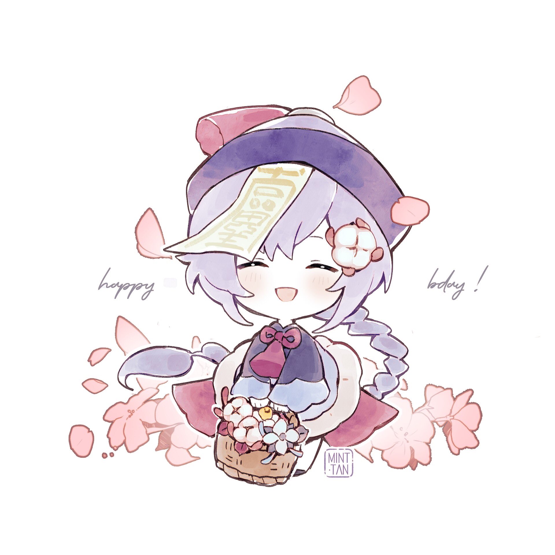 a digital illustration of a cute anime girl in a purple and pink kimono holding a basket of flowers. she has long purple hair with a purple hat on her head and is smiling happily. the illustration is set against a background of pink cherry blossoms.