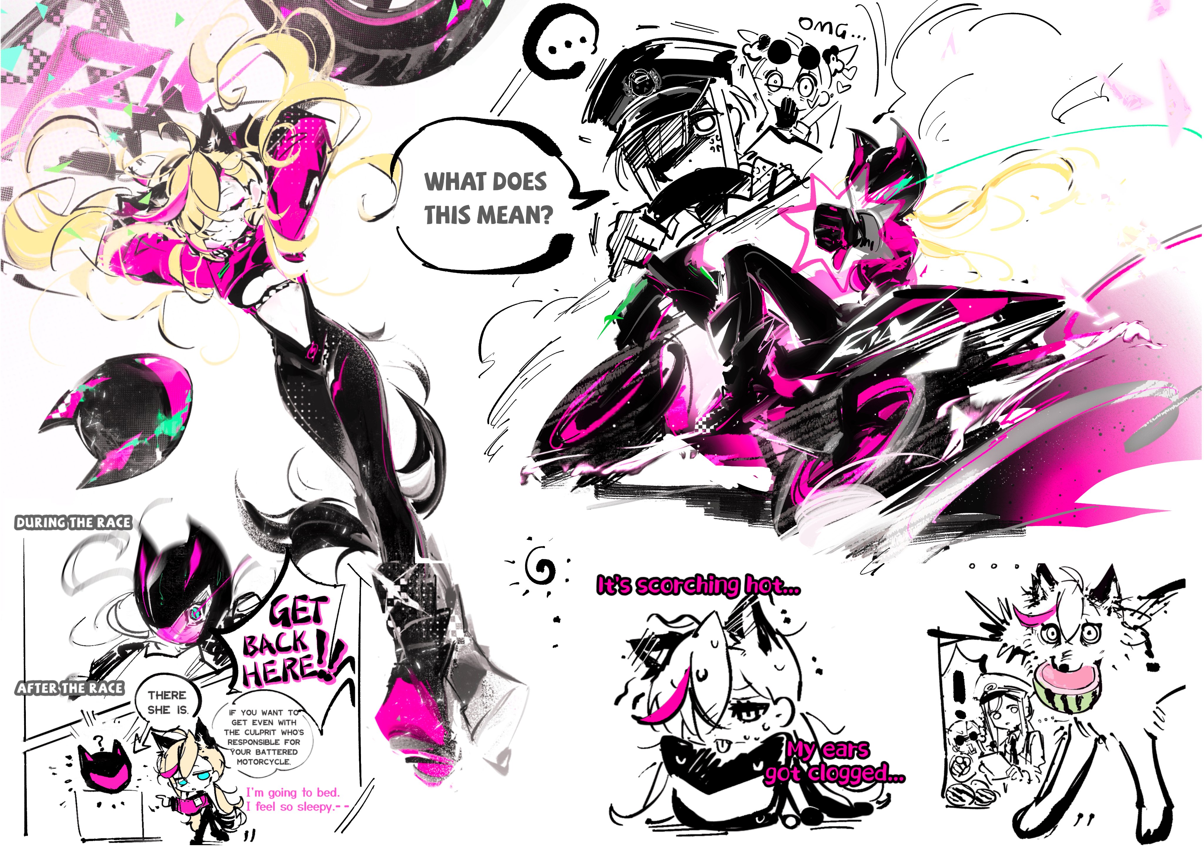 the image is a comic book illustration of an anime girl riding a motorcycle. the scene is split into four panels. the first panel shows the girl in the middle of a race, speeding down a track. the second panel shows the girl, after the race, getting off the bike. the third panel shows the girl complaining about the heat, and the fourth panel shows her relaxing and falling asleep in a chair. the image is drawn in a manga style, with bright colors and dynamic lines.  the girl appears to be exhausted from the race.