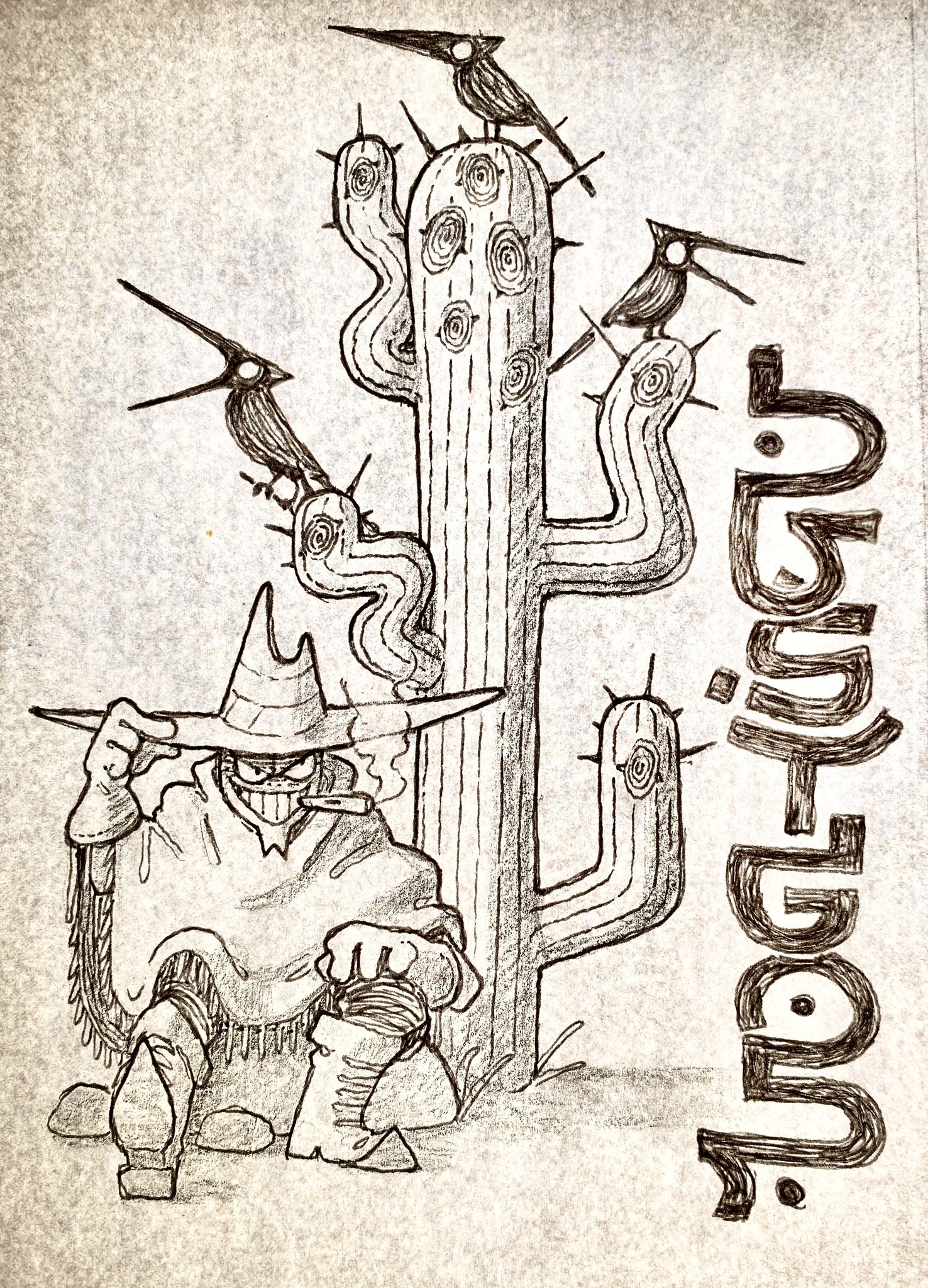 the illustration features a stylized cowboy with a skulllike face, seated casually at the base of a tall, anthropomorphic saguaro cactus. the cowboy sports a widebrimmed hat, a tattered poncho, and boots with spurs. he is smoking a cigar and holds his hat with his other hand. three black birds, possibly ravens or crows, are perched atop the cactus. the cactus itself is depicted with swirling patterns and numerous eyes, giving it a surreal and slightly menacing quality. the scene is rendered in a limited palette of browns and grays, evoking a sense of the arid, dusty environment.  the inscription on the right side of the image appears to be gibberish.