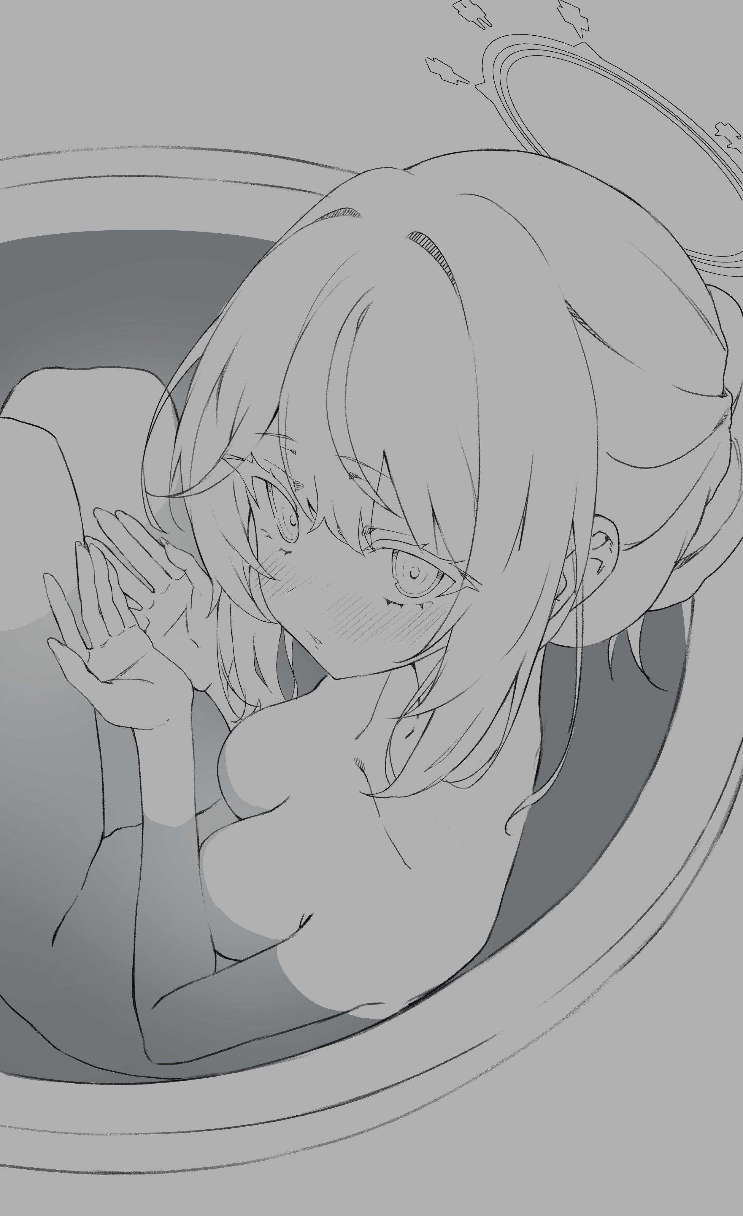 the image is a grayscale digital sketch or drawing of an animestyle girl. she has long blonde hair pulled back partially,  and is depicted sitting in a bath or tub. her expression is calm and peaceful. her eyes are large and expressive, and there's a subtle blush on her cheeks. above her head is a faintly drawn halolike shape, adding to her somewhat angelic appearance. the style is reminiscent of manga or anime art, with soft lines and a focus on emotion and expression. the overall mood is gentle and serene.