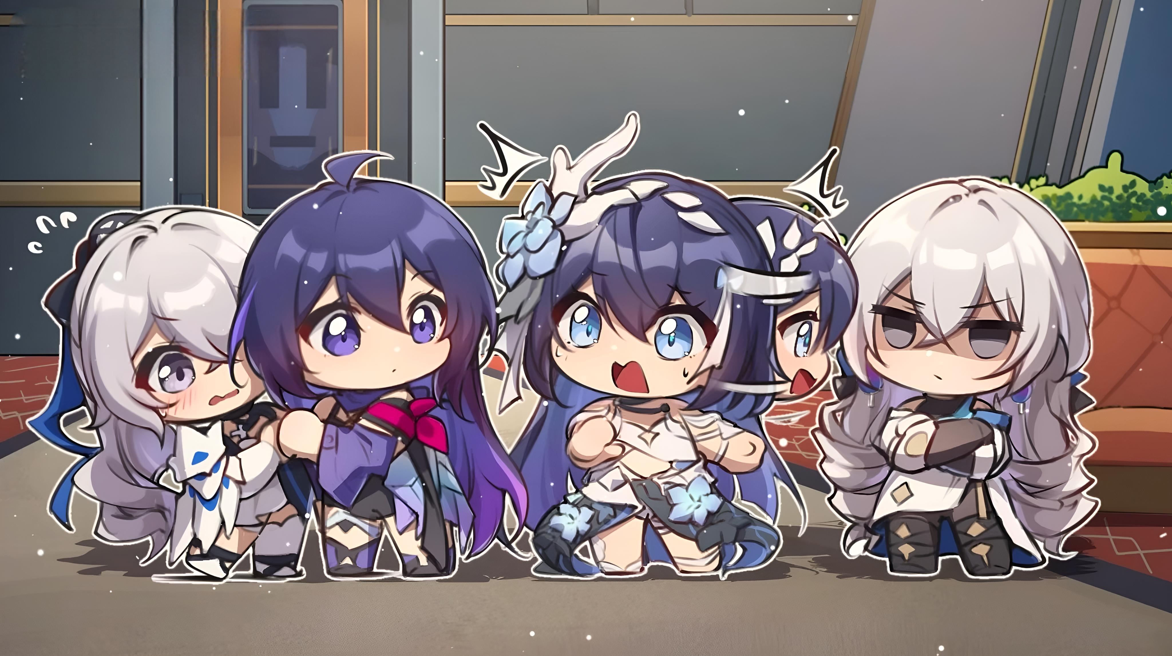 the image features five anime girls in chibi style. they are all standing in front of a building with a red brick wall. each girl is wearing a different outfit with colorful details. the girl in the center has a white outfit with blue flower patterns and white wings. the girl on the left has a white outfit with blue flower patterns and a blue ribbon. the girl on the right has a black outfit with white accents. the girls are all smiling and appear happy. the background is a light brown color with white dots and a hint of snow falling.
