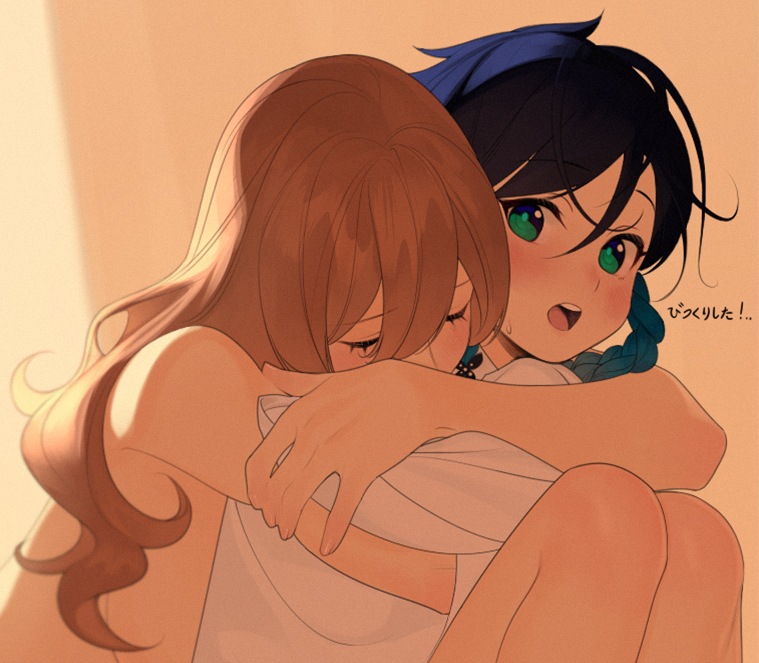 the image showcases two animestyle girls in a close embrace. one girl with long brown hair rests her head on the shoulder of the other girl, who has short blue hair in a braid. the bluehaired girl has wide, surprised eyes and slightly flushed cheeks, while the brownhaired