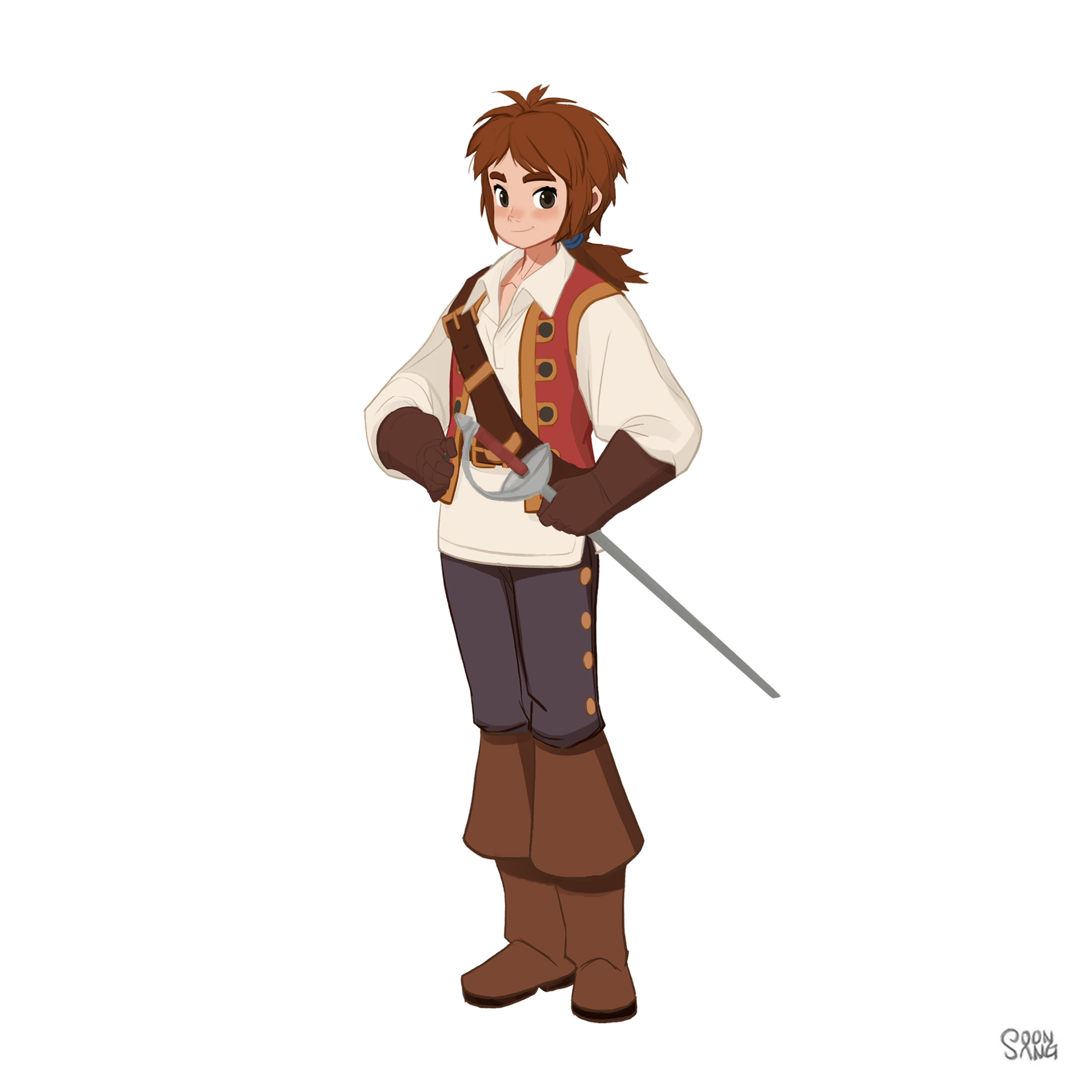 a young man with brown hair and brown eyes in a stylized pirate outfit stands with a hand on his hip. he wears a loose white shirt, a red vest with gold buttons, dark gray pants, brown pirate boots, and brown gloves. he has a sword strapped to his left side. the background is white.