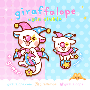 the image is an advertisement for "giraffalope pin club," showcasing two adorable jesterthemed character designs.  the characters are white with pastel pink and blue accents, featuring a whimsical, kawaii aesthetic. they are depicted against a background of pink and light blue polka dots with glitter effects. the artwork is clearly designed for merchandise, likely enamel pins, and includes social media handles and a website address. the overall style is playful and charming, targeting a fanbase that appreciates cute and collectible items.