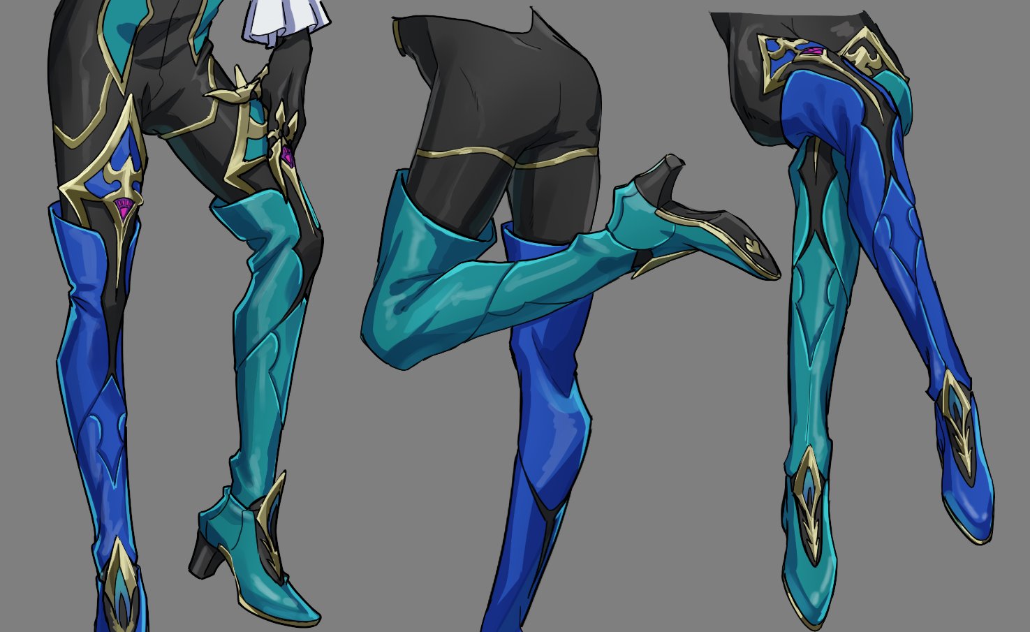 he image showcases detailed concept art of a pair of fantasystyle boots in three different poses.  the boots are thighhigh, with a teal and blue color scheme, and feature intricate gold detailing and what appears to be integrated leg armor. the art style is reminiscent of anime or manga, and appears to be digital artwork created for a video game or similar media.  the different angles provide a comprehensive view of the design from multiple perspectives.