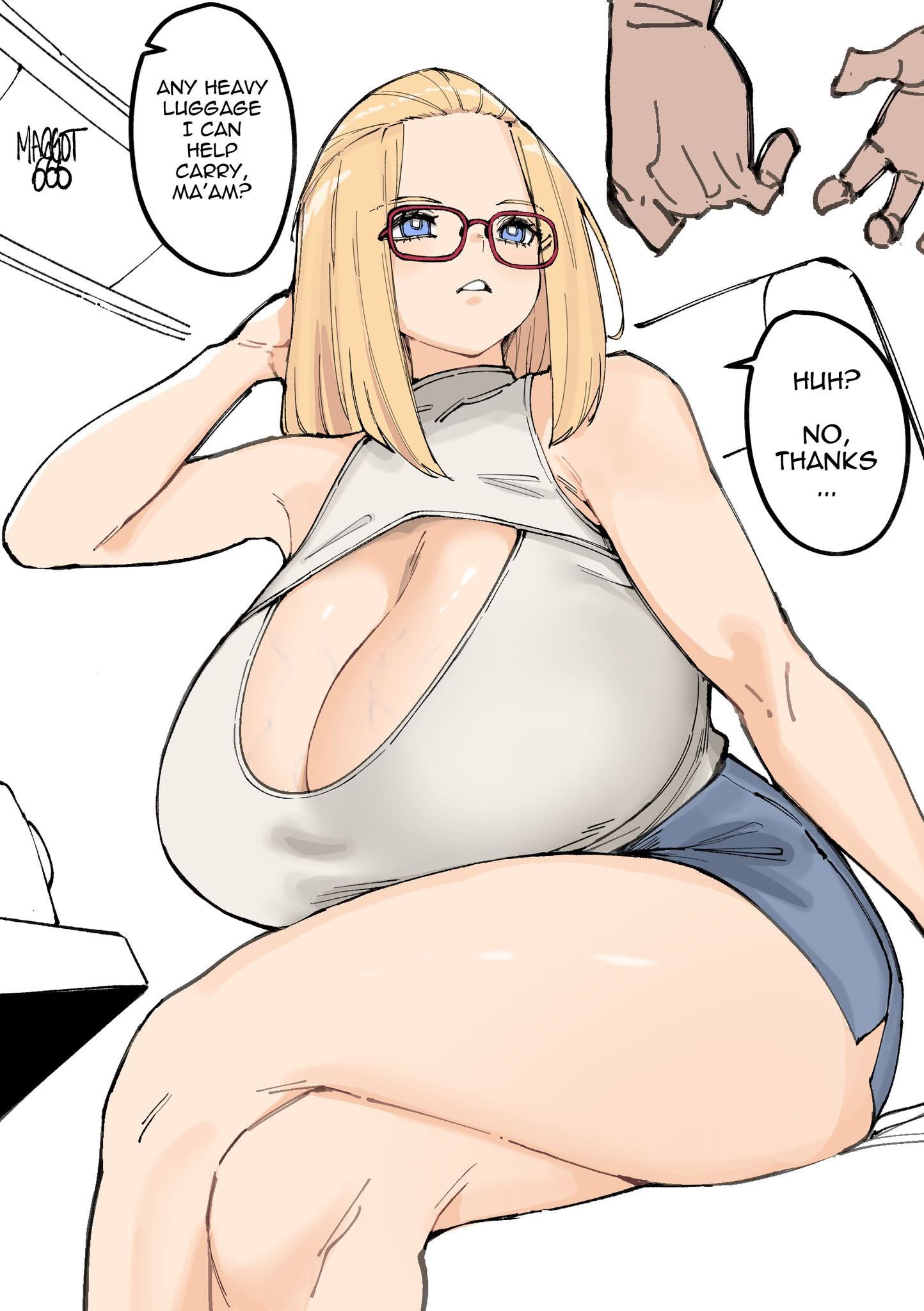 the image shows a mangastyle drawing of a woman with blonde hair and glasses. she is wearing a white shirt with a cutout and denim shorts. there are two speech bubbles near her head. the speech bubble on the left reads "any heavy luggage i can help carry, ma'am?". the speech bubble on the right reads "huh? no, thanks". there is also a hand visible in the upper right corner.