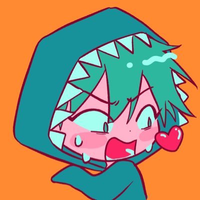 a cartoon drawing of a cute greenhaired anime character wearing a blue shark hoodie, sweating, and blushing. the character is looking and smiling with wide eyes, and has a heart above its head.  it is likely a digital art piece.