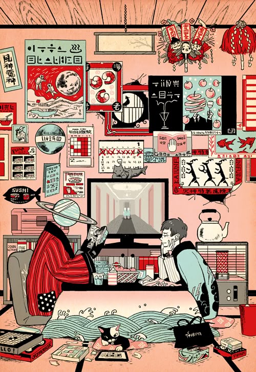 the illustration depicts a cluttered japanesestyle room. a person with a saturnlike head is sitting on a chair, reading a book, while another person is sitting on the floor, resting their chin on their hand. a cat is sitting on the floor near them. there is a television showing a long corridor, and many posters and items are scattered around the room, adding to the cluttered appearance. the style resembles traditional japanese art with a modern twist.