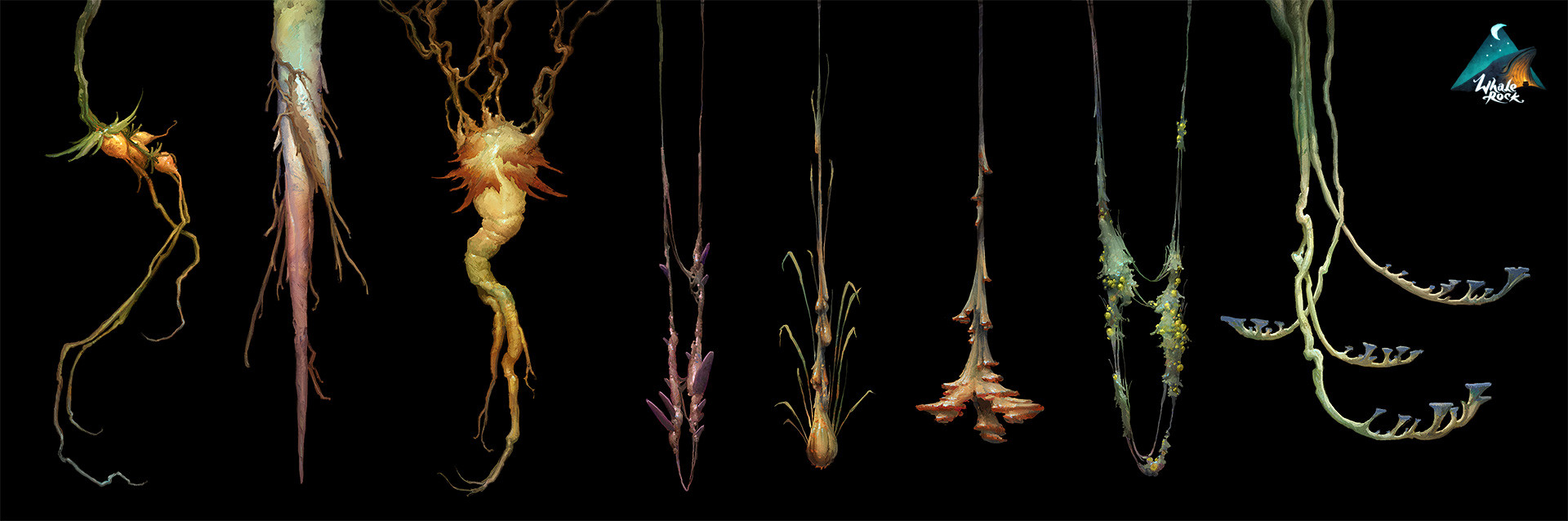 the image presents a collection of ten unique, fantastical plant roots or hanging vines against a stark black background.  the roots display a variety of textures, forms, and colors, with some appearing bioluminescent. they give a sense of both delicate beauty and slightly unsettling otherworldliness.  the dramatic lighting emphasizes the details and contributes to the sense of mystery.