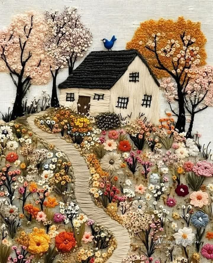 this is an embroidery artwork depicting a whimsical landscape with a cottage. a pathway leads to the house which has a black roof and is located in a field of colorful flowers. several trees with blooming flowers surround the house. a blue bird is perched on the roof. the entire image is made with various embroidery techniques, creating a textured and colorful scene.