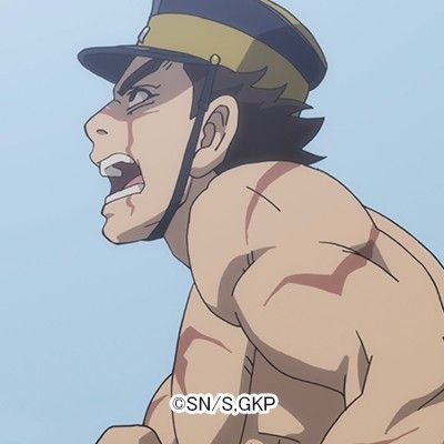 this is a digital illustration of a muscular male anime character. he is drawn in a realistic style and has a fierce expression on his face. he is wearing a military hat and uniform. he appears to be shouting or yelling something. the background is a pale blue.