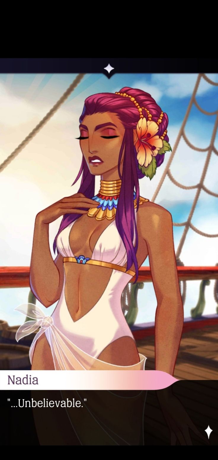 the image shows nadia from the visual novel "the arcana". she is depicted on a ship, wearing a white swimsuit with gold trim and blue accents, along with a matching choker. a large orange flower adorns her purple hair, which is accessorized with a beaded headband. she has dark skin and a look of disbelief on her face. a dialog box at the bottom of the image contains the text "...unbelievable."