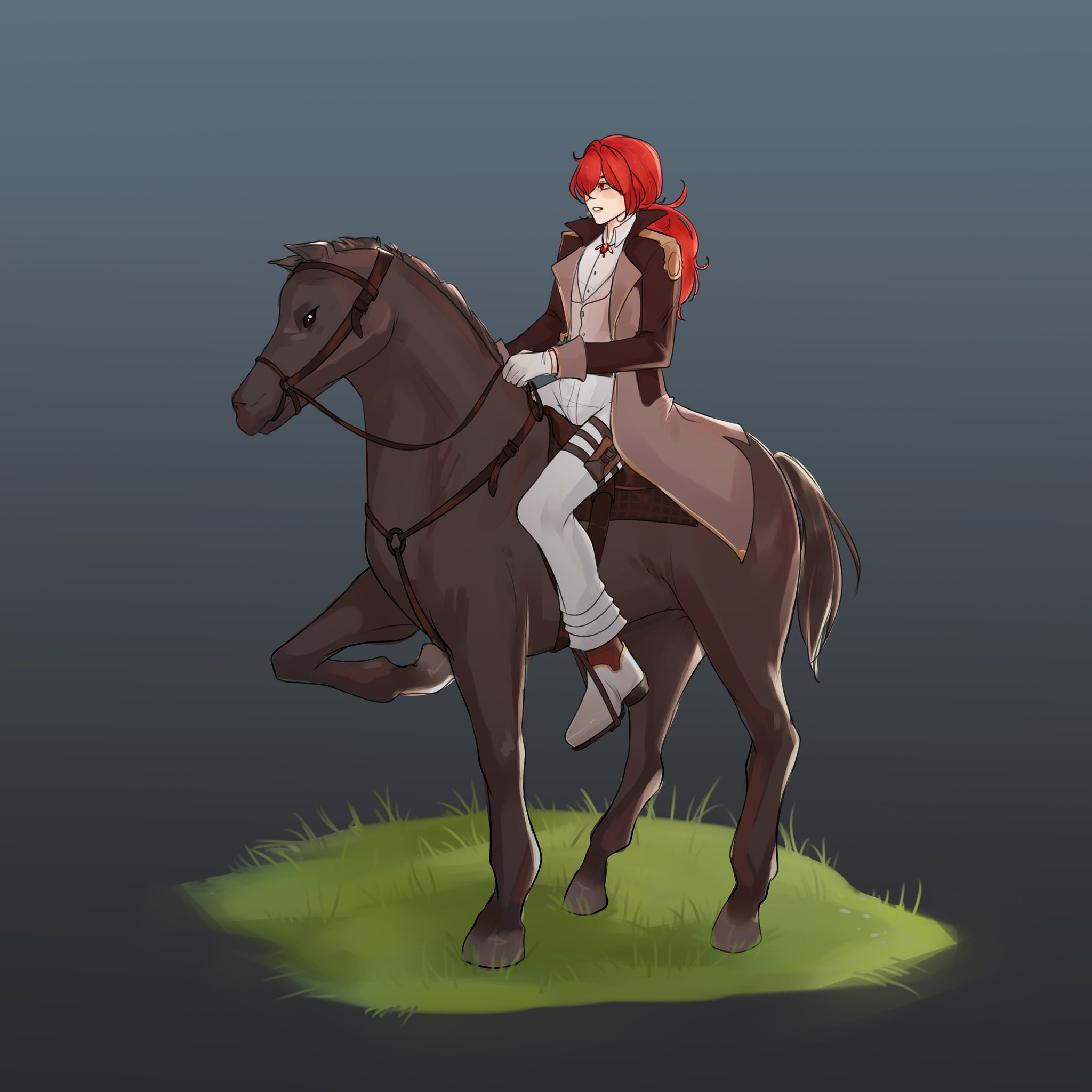 a redhaired person, wearing a brown and white jacket, rides a brown horse. the horse is in the middle of a grassy field. the background is a blue sky with a hint of clouds.