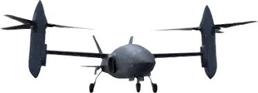 a closeup shot of a black drone with two large rotors on either side and a small, rounded fuselage in the center. the drone is flying against a white background.