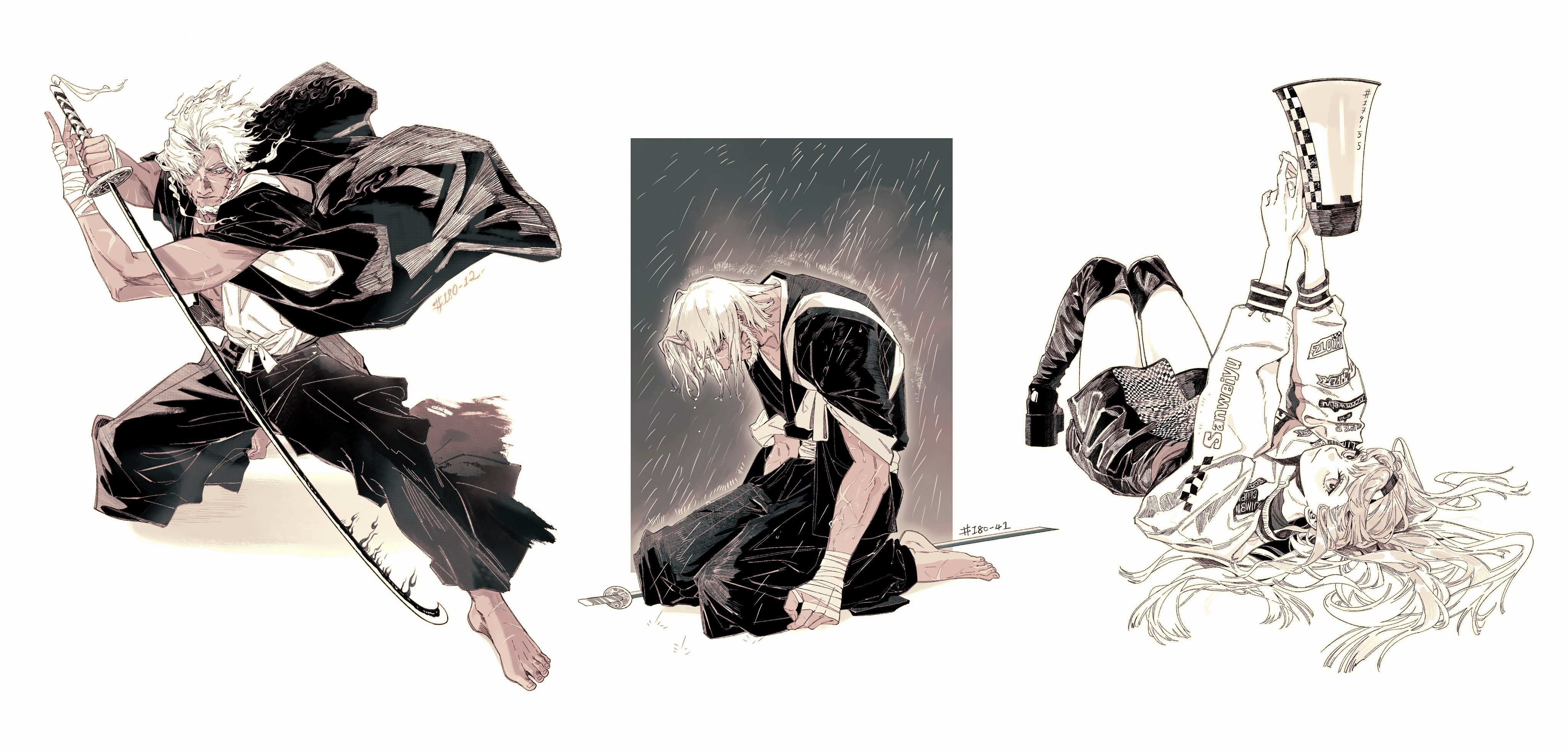 the image contains three panels of an anime artwork. the first panel shows a male character with white hair, wearing black clothing and a samurai sword. he is wielding the sword and appears to be in a fighting pose. the second panel shows another male character also with white hair, wearing black clothing. he is kneeling down, with his face buried in his hands, appearing sad or emotional. the third panel shows a female character with long blonde hair, wearing streetwear clothing. she is lying on her back with her arms raised, holding a megaphone.  all three characters are drawn in a detailed and stylized manner, with strong lines and contrasting tones. the artwork is presented in a black and white format, emphasizing the contours and shapes of the characters.