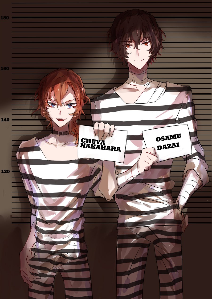 a digital illustration of two anime characters in a prison setting. both are in striped prison uniforms, the left character has red hair and the right has brown. the right character is holding a sign with "osamu dazai" written on it. the left character is holding a sign with "chuuya nakahara" written on it.  the background is a browncolored wall with black stripes indicating prison bars.  the art is welldrawn and in a realistic style.  the image is cropped so only the figures are visible.