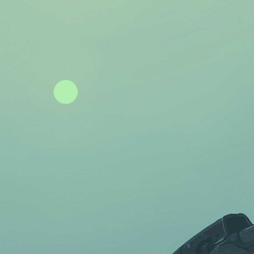a car silhouette against a green dusk sky with a sun in the upper left of the image.