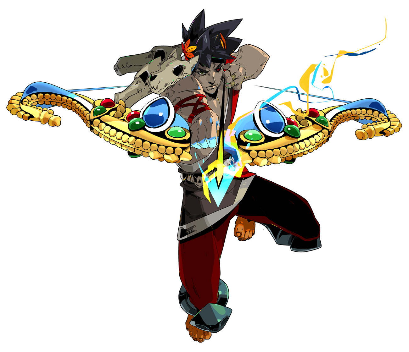 this image features a stylized male character from a video game,  with his bow drawn and arrow glowing with magical energy. he is depicted in a dynamic pose, ready to fire his weapon. the character's design is vibrant and colorful, with an emphasis on exaggerated features and details, typical of fantasy art. he is dressed in a warrior's garb, with armor and weaponry that suggests a powerful and skilled fighter. the background is white, allowing the character to stand out.  this image suggests that the character is engaged in a fight or other actionoriented event within the game.  the overall design and tone of the artwork is dynamic and exciting, conveying a sense of adventure and action.