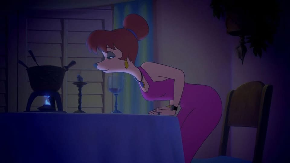 the image shows a cartoon female dog character, elegantly dressed in a purple dress, leaning over a table where a fondue pot and candle are set. the setting appears to be a dimly lit dining area at night.  the style is reminiscent of classic disney animation. the character's expression suggests anticipation or interest in the fondue.