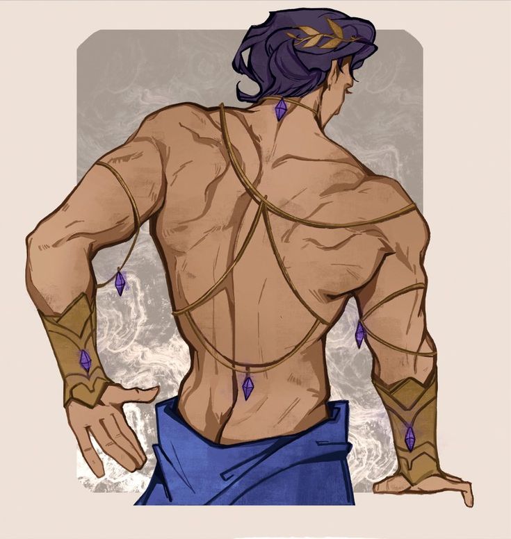 the image is a digital painting or illustration of a muscular male figure from the back. he has dark purple hair adorned with an olive branch, toned skin, and is wearing gold arm bands and a blue loincloth.  a complex network of gold chains with purple gemstone pendants drapes across his back. the background is a muted beige with a subtle marbled texture. the style is stylized and detailed, suggestive of fantasy or mythological art.  the focus is on the figure's physique and the decorative elements.