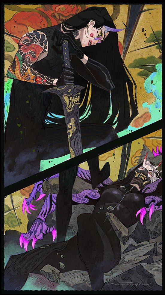 a woman with long black hair and a demon face stands over a defeated demoness, holding a sword. the woman has elaborate tattoos on her arm and is wearing a black outfit. the demoness is lying on the ground, defeated. both figures appear to be drawn in a stylized, animelike style. the background features a mixture of japanese and cyberpunk elements, with the demoness lying on top of a cracked, grey surface.