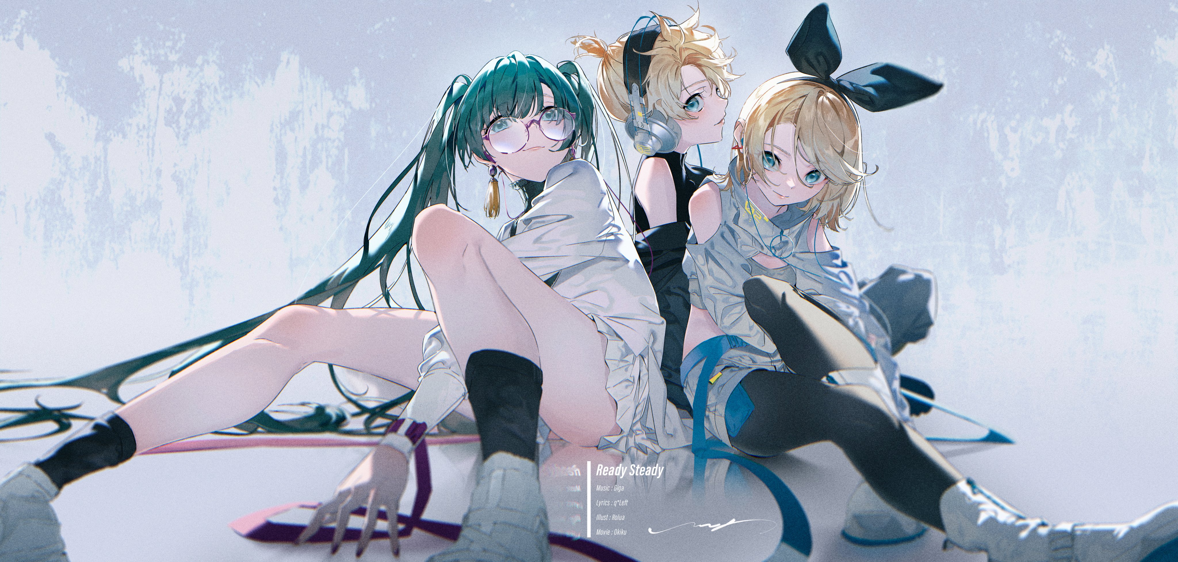 three anime girls, one with long green hair and glasses, one with long blonde hair and a blue ribbon, and one with short blonde hair, are sitting together and smiling. the girl with green hair is wearing a white shirt and black tights, the girl with blonde hair and a blue ribbon is wearing a gray shirt and black tights, and the girl with short blonde hair is wearing a black shirt and blue shorts. they are all wearing white shoes. they are looking at the camera, smiling, and appear to be happy. the background is a light blue with a white texture. the image is very colorful and detailed, and has a cheerful atmosphere.