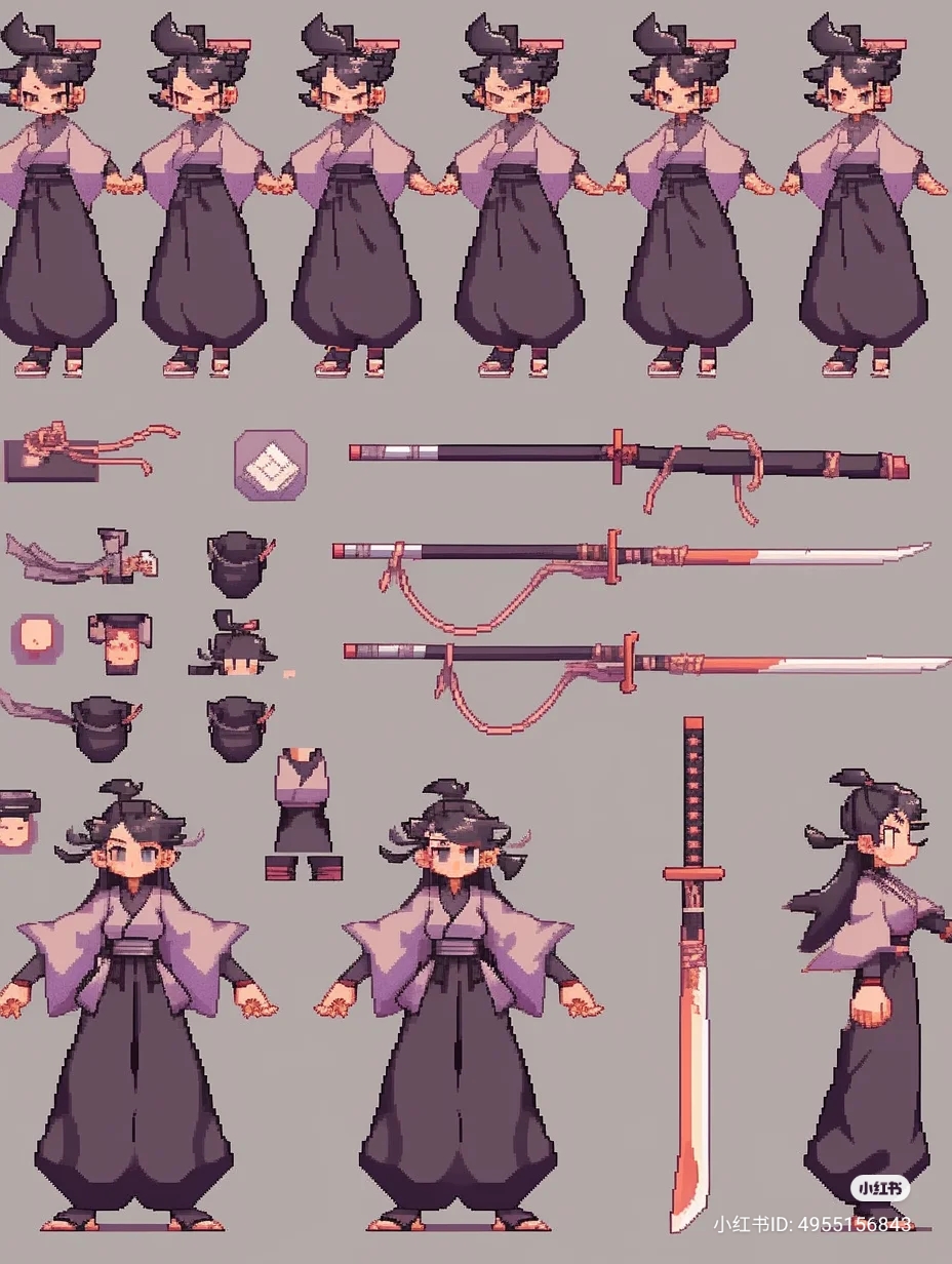 the image is a pixel art character design sheet for a female samurai. it includes multiple views of the character, as well as individual sprites for the head, hair, body, and outfit. there are also sprites for the character's katana sword. the art is done in a retro style and the color palette is muted.