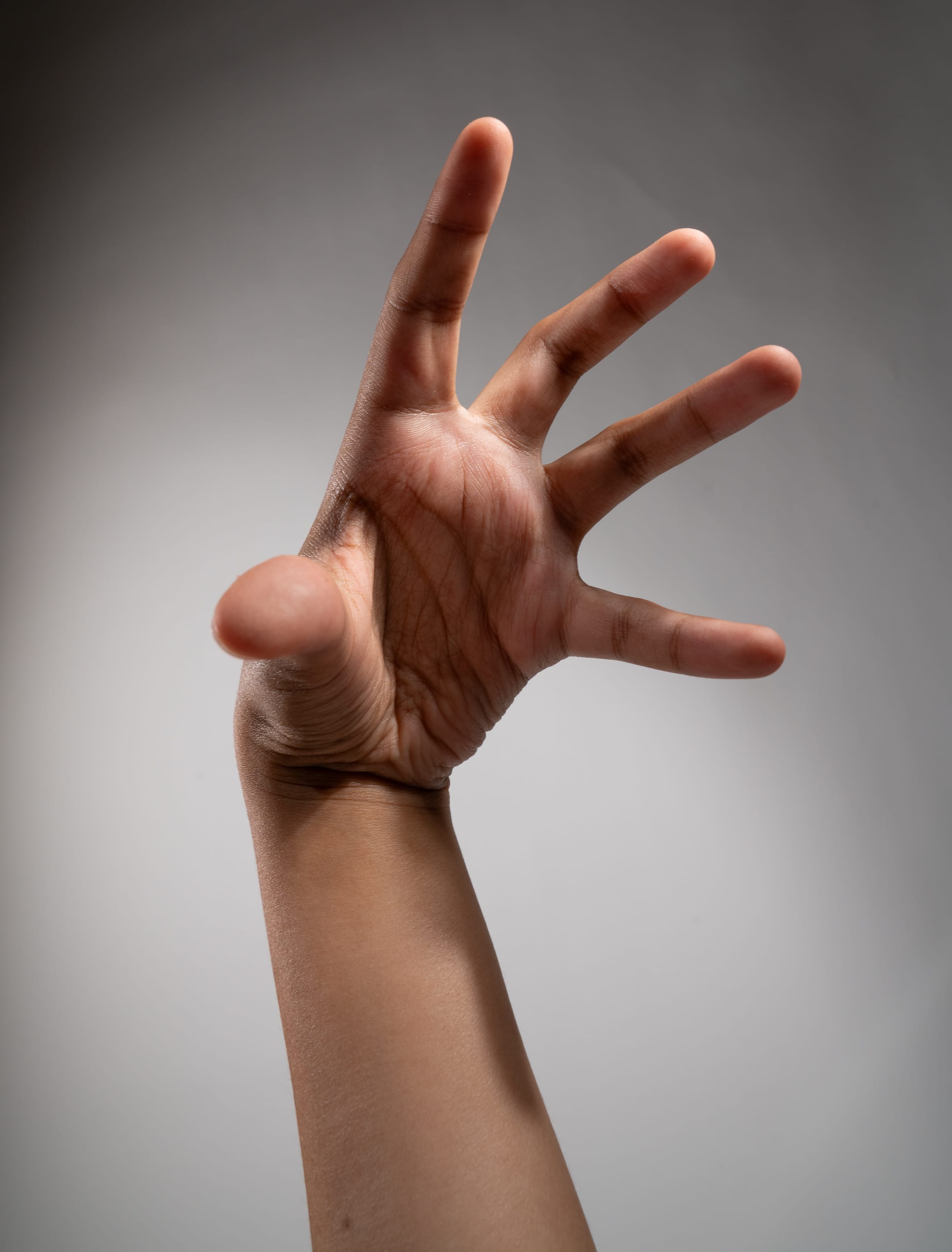 a closeup image of a person's hand reaching upward against a soft gray backdrop. the studio lighting casts gentle shadows, highlighting the texture and details of the hand. the fingers are extended, creating a sense of grasping or reaching for something.