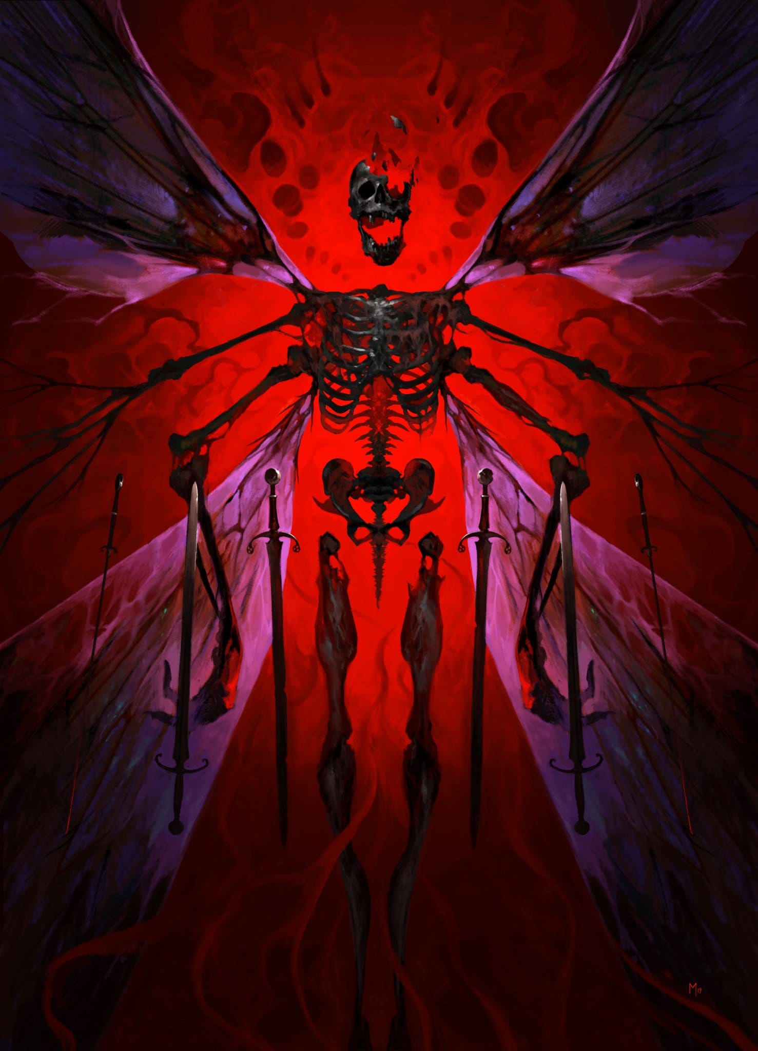 the image is a digital painting depicting a skeletal figure with large, dark, butterflylike wings. the skeleton is humanoid in form, but its head is somewhat fragmented.  it is positioned centrally against a vibrant red background with swirling, flamelike patterns. the figure holds multiple swords that appear to be partially embedded in its form or a flowing garment. the overall aesthetic is dark, gothic, and evocative of death and the macabre, with a strong sense of fantasy and possibly demonic or infernal elements. the color palette is dominated by deep reds and dark purples, enhancing the dark and ominous mood.