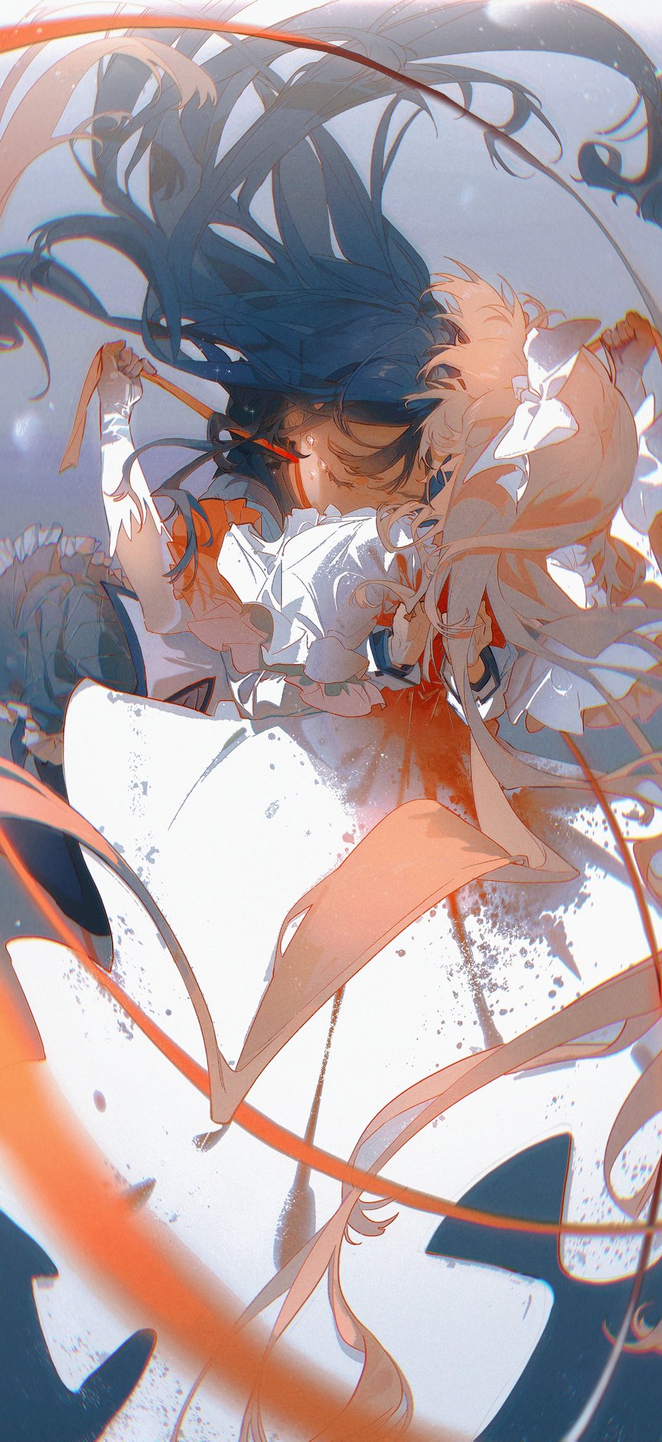 the image depicts two anime girls in an affectionate embrace. the girl with long black hair and a red ribbon in her hair is wearing a white dress, while the girl with white hair and red bow is wearing a lightcolored dress. the two girls are hugging and kissing, their expressions filled with love and affection. the background is a swirling mix of colors and shapes, which creates a dreamlike and romantic atmosphere. the overall impression of the image is one of love, passion, and tenderness.