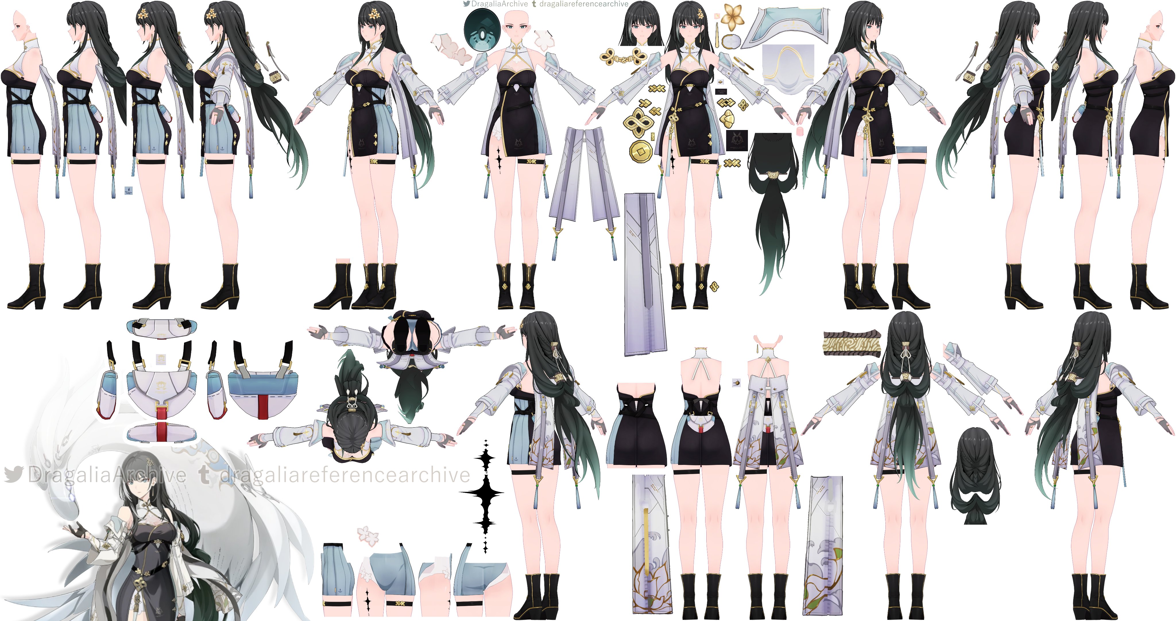 his image is a character model sheet for an animestyle female character. the sheet provides a comprehensive view of the character's design, including multiple poses, detailed clothing components, and various views (front, back, side).  the character has long dark green hair, and her attire is primarily a dark and light blue and white outfit in a traditional, slightly futuristic aesthetic. various accessories and clothing pieces are also shown separately, allowing for easy reference and understanding of the character’s full design. the style suggests it might be for a video game or animation project.  the image is clean, wellorganized, and clearly illustrates all aspects of the character's design.