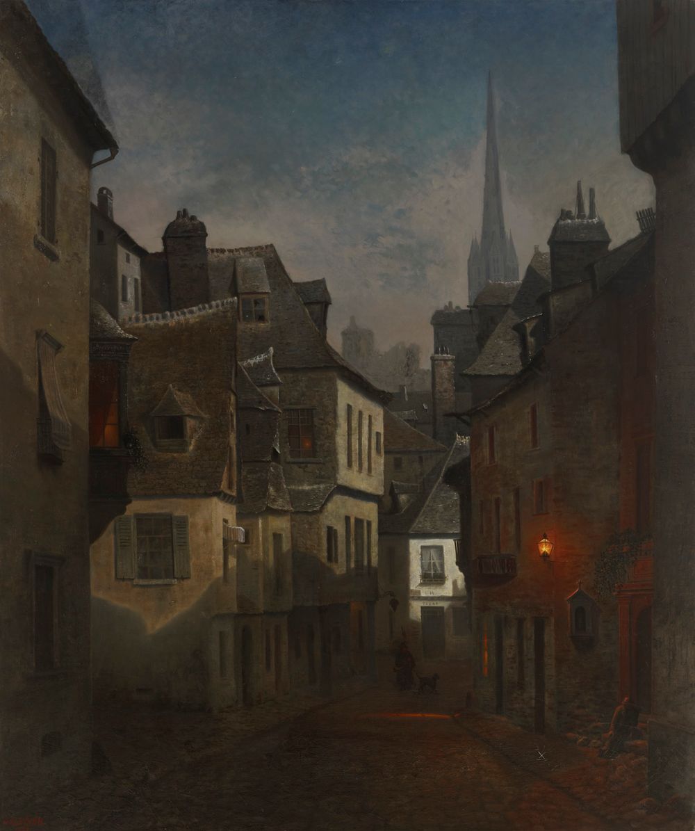 a painting depicting a narrow, cobblestone street in an old european town at night. the buildings on either side are tall and close together, with various architectural styles, including steeply pitched roofs, dormers, and chimneys. a steeple can be seen in the distance, rising above the rooftops. lamps cast a warm glow on the street, creating long shadows. a person and dog can be seen walking down the street. the overall tone is atmospheric and historical.