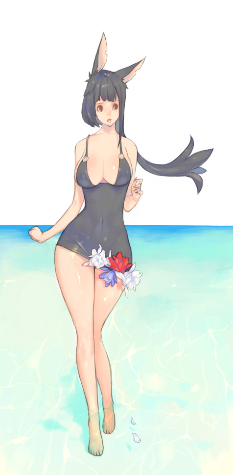 a young anime girl with long black hair and bunny ears is enjoying a day at the beach. she is wearing a black onepiece swimsuit adorned with flowers. the water reaches her shins, and she appears to be wading towards the viewer. the background is a simple gradient of blue sky and water, giving the image a serene and summery feel.
