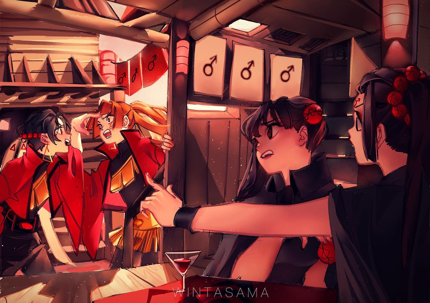the image is a digital illustration featuring four animestyle female characters in a dimly lit, wooden room.  two are dressed in red kimonos with gold accents, appearing to be arguing or in disagreement. they are standing close together, with gestures suggesting a heated conversation.  a third, wearing a dark, almost black dress, is intervening or trying to mediate, her expression one of anger or frustration. she has her arm around another darkhaired girl in a dark outfit who looks on. the room has a barlike setting and a glass of wine on a table.  the overall atmosphere is tense and dramatic, with a focus on the emotional interactions between the characters. the style is reminiscent of manga or anime illustration. the artist's signature "wintasama" is visible in the lower center.  there are male symbols visible on the walls of the room.