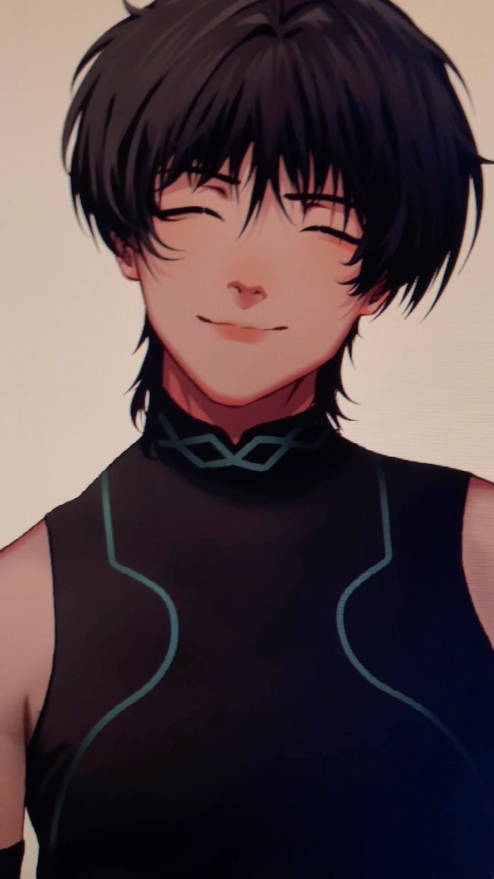 the image is a digital painting of an animestyle male character. he has short, dark hair with bangs that partially cover his forehead. his eyes are closed, and he has a soft, happy expression. he is wearing a darkcolored, highnecked top with teal accents. the overall style is elegant and stylish. the background is plain. the artwork is detailed and wellexecuted, with attention given to shading, lighting, and texture. the character's expression conveys peacefulness and serenity.