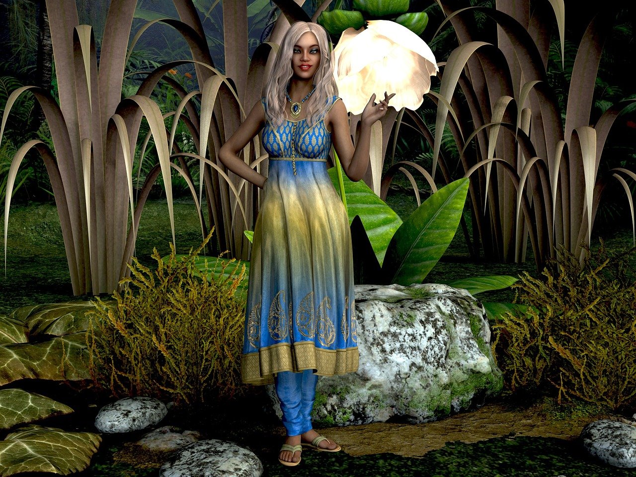a digital art image of a woman in a fantasy setting, standing near a large white flower. the woman has blonde hair and wears a blue and yellow dress. she also wears jewelry. she stands in a green, lush landscape with various plants, leaves and stones.