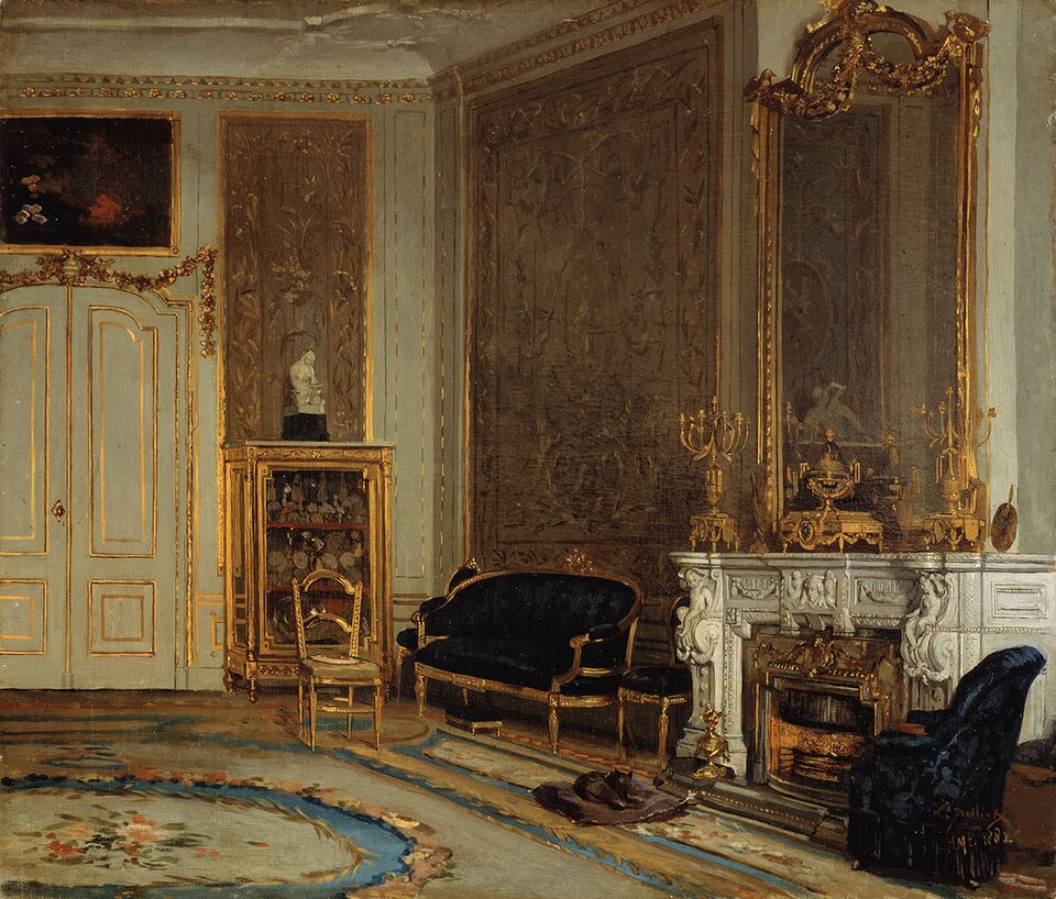 a painting depicts an ornate interior of a room, likely from a historical period. the room is lavishly decorated with gold trim accents on walls, furniture, and architectural features. prominently featured is a fireplace with a decorative mantelpiece adorned with a clock and candelabra. a tall mirror with a gilded frame reflects the room's opulence. various pieces of furniture, including a sofa, chairs, and a cabinet, are present, adding to the luxurious ambiance. a patterned rug covers part of the floor, and overall, the painting conveys a sense of elegance and historical wealth.