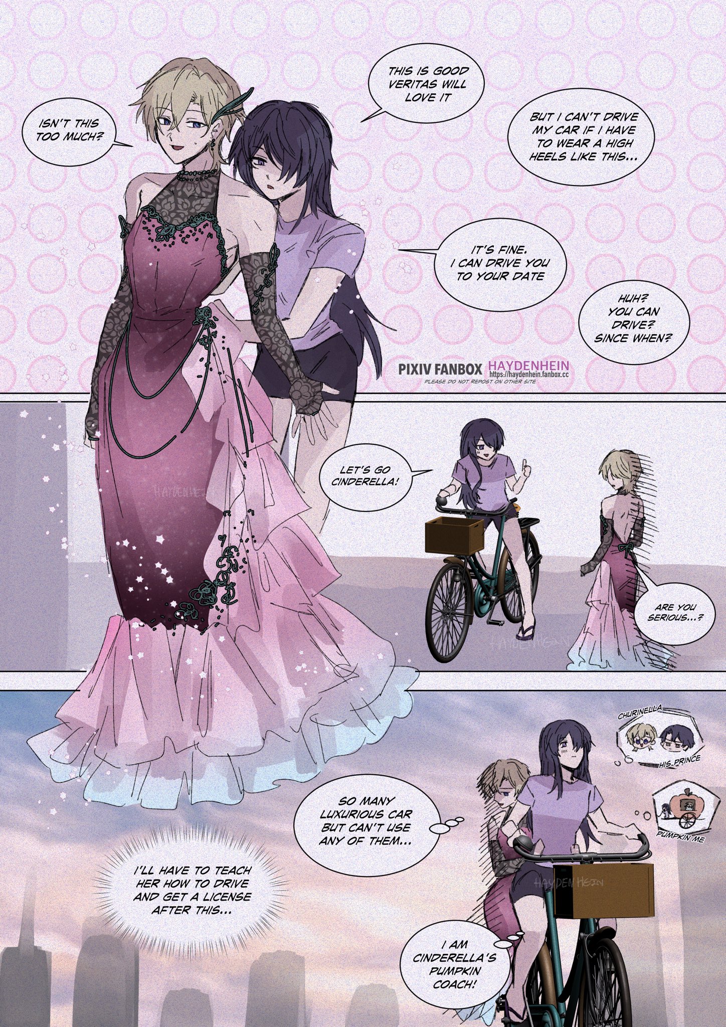 this is a comic strip with several panels. the first panel has a woman in a pink dress and another woman in a purple dress. they're talking about a date. the second panel shows a woman driving a bicycle. the third panel shows a woman in a pink dress talking to another woman in a purple dress. the fourth panel shows a woman riding a bike. the fifth panel shows the two women again, this time the woman in the pink dress is now driving the bicycle. the comic strip is about a girl who is learning how to drive.