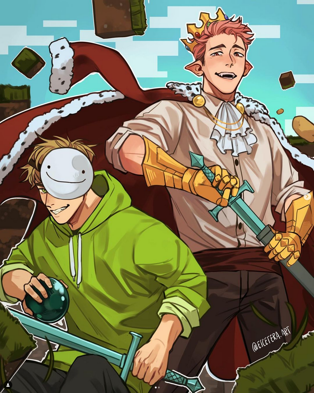 the image showcases popular minecrafters dream and technoblade depicted as kings within the minecraft universe. dream, with his signature green hoodie and mask, wields a netherite sword and clutches an ender pearl. technoblade, sporting a crown and flowing cape, brandishes a golden sword and stands adorned in regal attire. surrounded by floating blocks of dirt and grass, the duo exudes power and camaraderie.