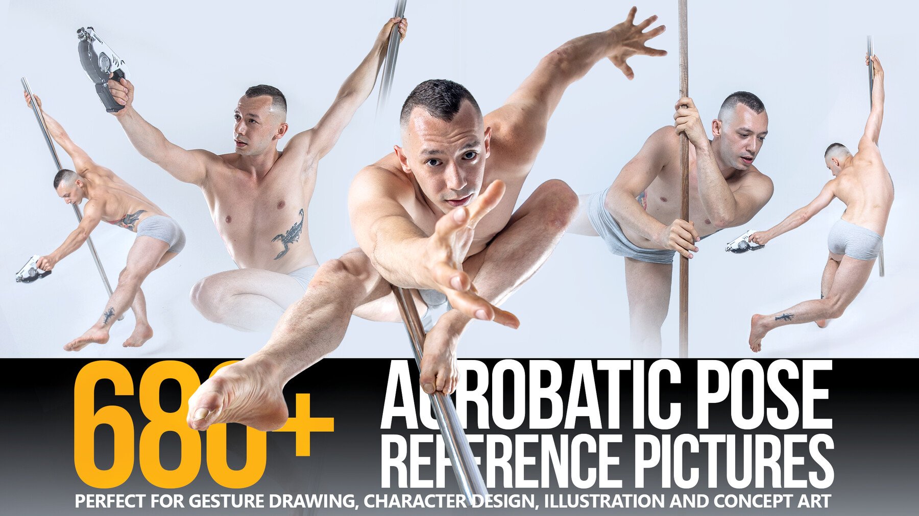 this image is an advertisement for a set of over 680 reference photos of male acrobats posing in various dynamic poses.  the photos are designed to be used by artists for gesture drawing, character design, illustration, and concept art. the advertisement features several different poses, all showing the male models in athletic and powerful stances. the text on the ad highlights the value of the photos for artists and emphasizes the importance of having good references for drawing realistic and dynamic figures.