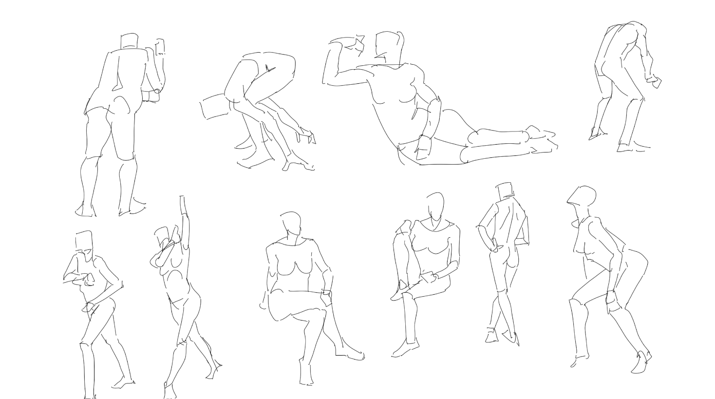 the image consists of eleven gesture drawings of various human figures in different poses. the drawings are done with simple lines, capturing the basic form and movement of the body.  each figure is depicted from various angles, showcasing a range of stances. the overall style is loose and expressive, emphasizing the flow and energy of the human form.