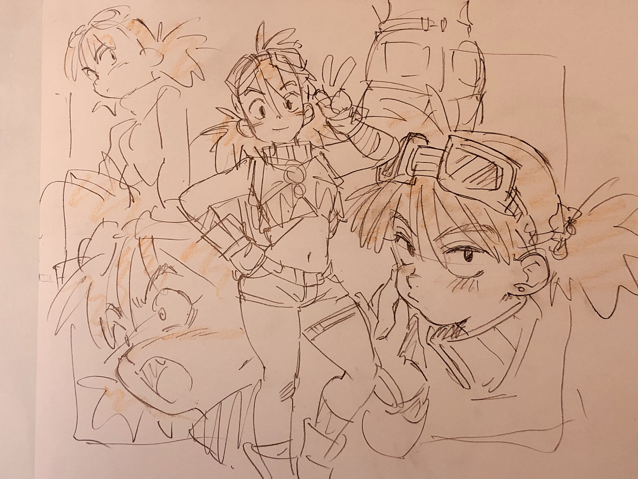 this is a scanned in image of a sketchbook page. there are four character concept sketches drawn in pencil. they are all of the same anime girl in various states of emotion and poses. the one centered on the page is in full figure. the character has on goggles pushed up onto her forehead, a bandana around her neck, a bra top, baggy pants, and thick bands around her wrists.