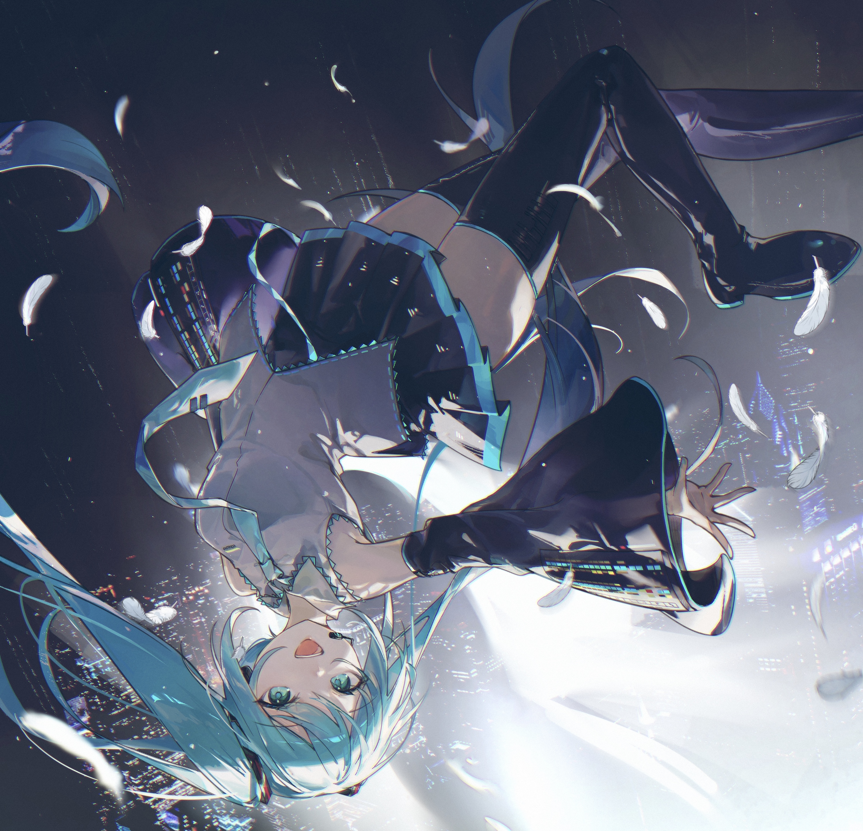 the image is a dynamic digital illustration of hatsune miku, a popular japanese virtual singer. she's depicted falling through the air, her long teal hair flowing behind her. she's wearing a dark outfit with thighhigh boots and is surrounded by floating feathers. the background features a blurry cityscape at night, with city lights visible.  the overall style is vibrant and fantasylike.  the artwork is striking because of the motion implied and the contrast between miku's vibrant colors and the dark background.
