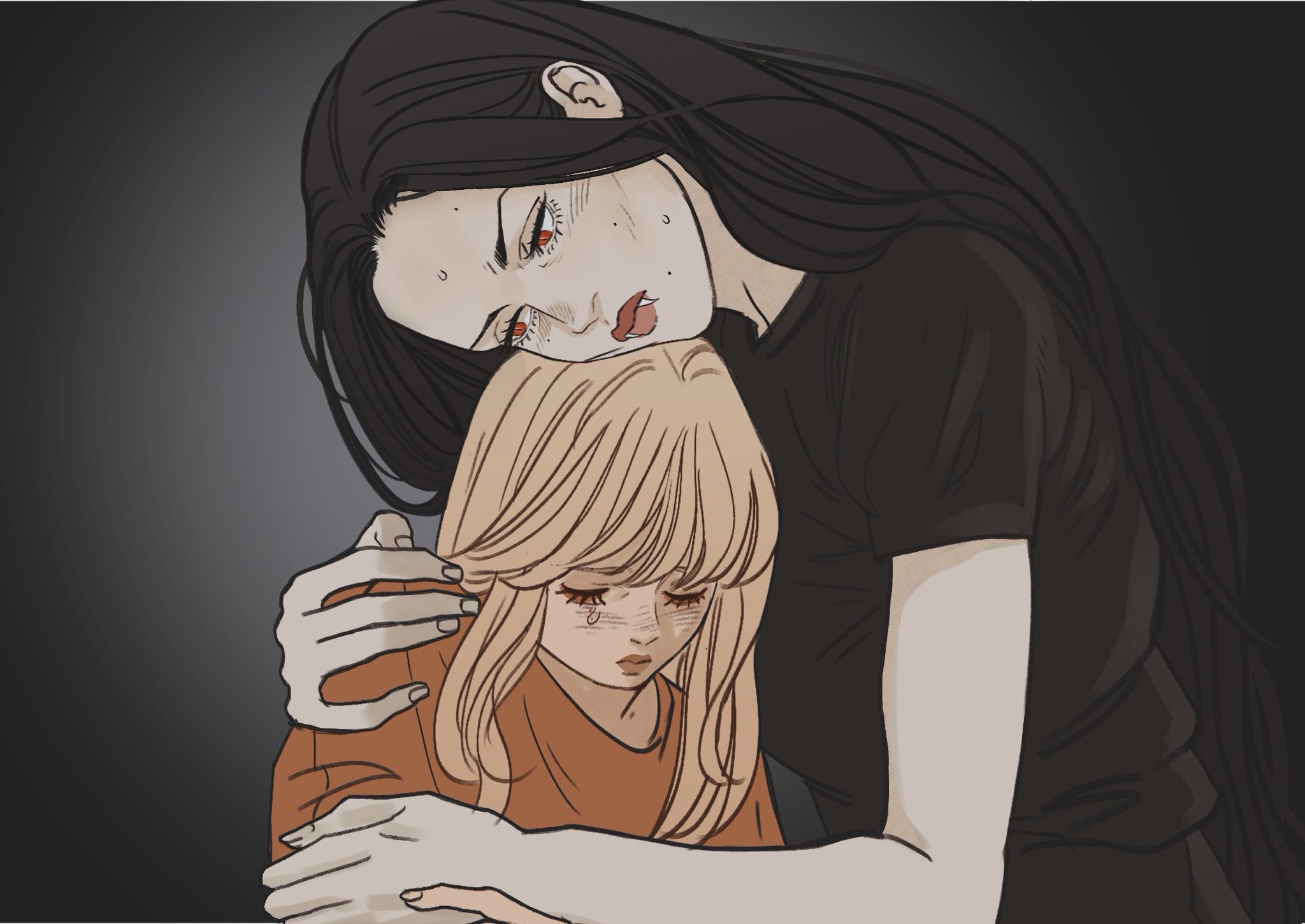 an illustration of two women in an emotional embrace. one woman with long, black hair is holding a younger woman with blond hair, who appears to be crying. the taller woman has red eyes, pale skin, and dark details around her mouth, giving her a vampirelike appearance. the younger woman is visibly upset, with tears streaming down her face. the scene evokes feelings of sadness, comfort, and care, suggesting the taller woman is offering support to the younger one. the drawing has a gothic or manga style.