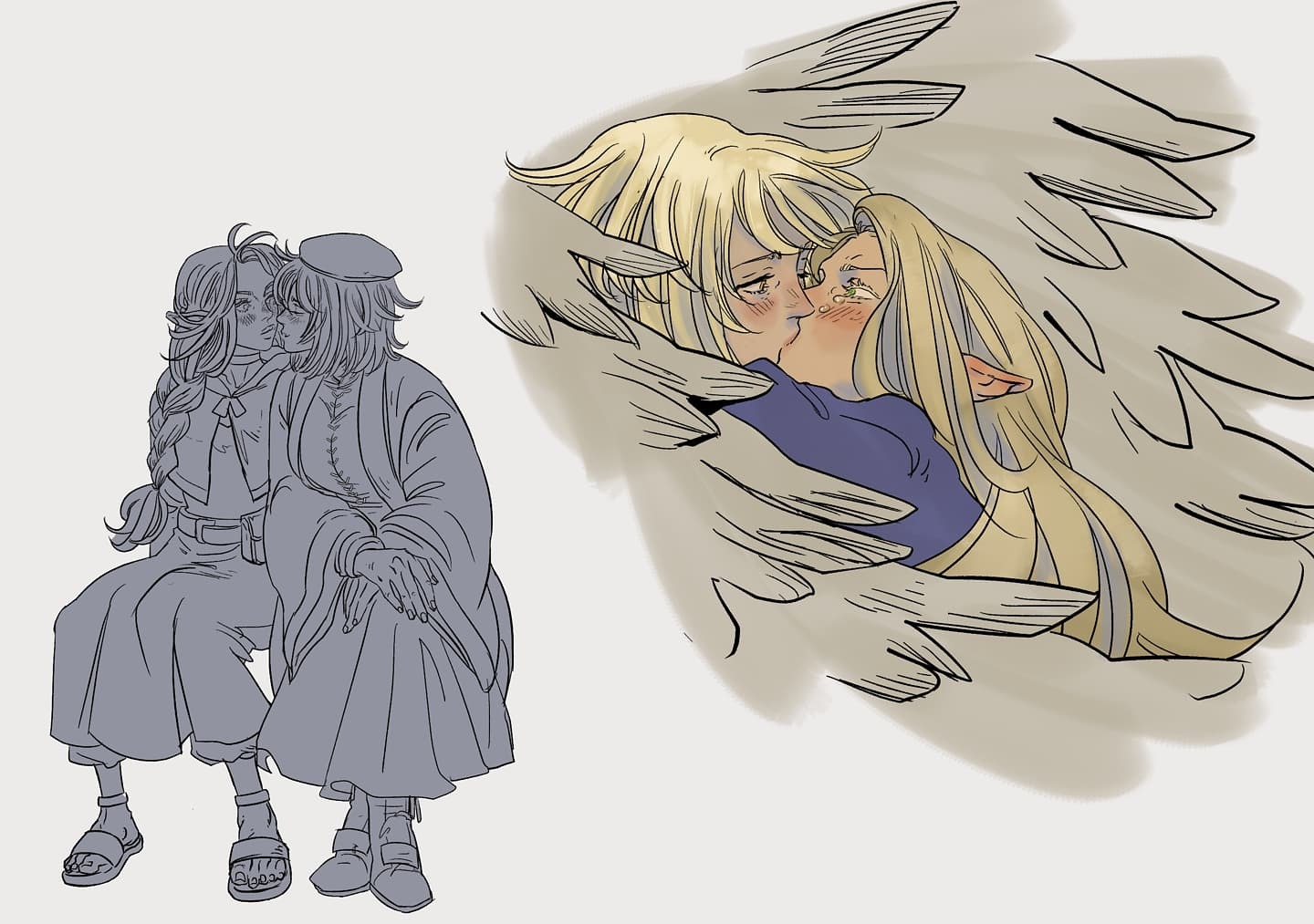 the image shows an illustration in an anime style. on the left, two women are sitting next to each other. one has long braided hair and a scarf, wearing a belt and sandals. the other is wearing a beret, a long coat, and sandals. on the right, two women with blonde hair are kissing. one has large wings around her. one of the kissing women has pointed elf ears and blush on her cheeks.