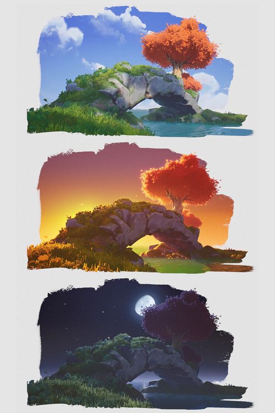 a series of three digital illustrations depicting an island with an archshaped rock formation. each image shows the island at a different time of day (day, sunset, night). two trees grow on top of the arch, and their leaves change color to match the time of day. the lighting and colors in each image are vibrant and create a sense of wonder. the overall impression is one of peacefulness and tranquility.