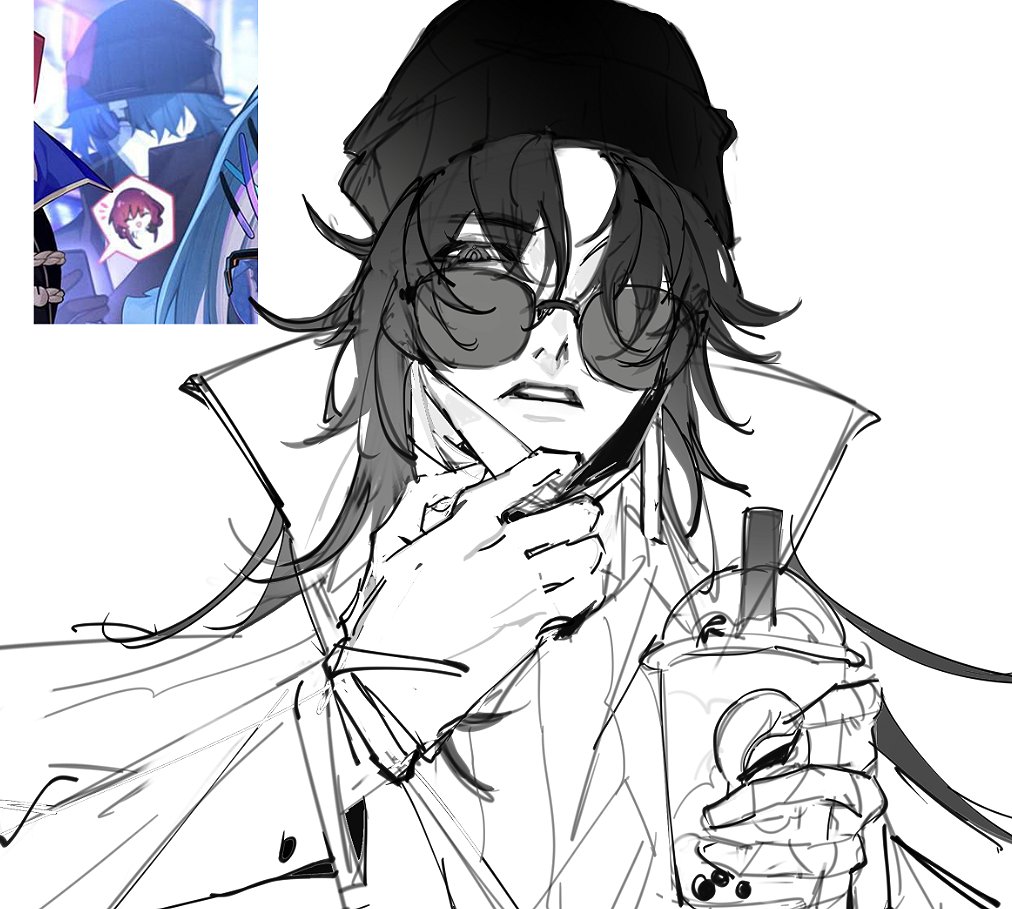 a black and white line art drawing of an anime male character wearing a hat, sunglasses, and a long coat. he is holding a boba tea drink in one hand and is posing with his other hand on his chin. the background is white.