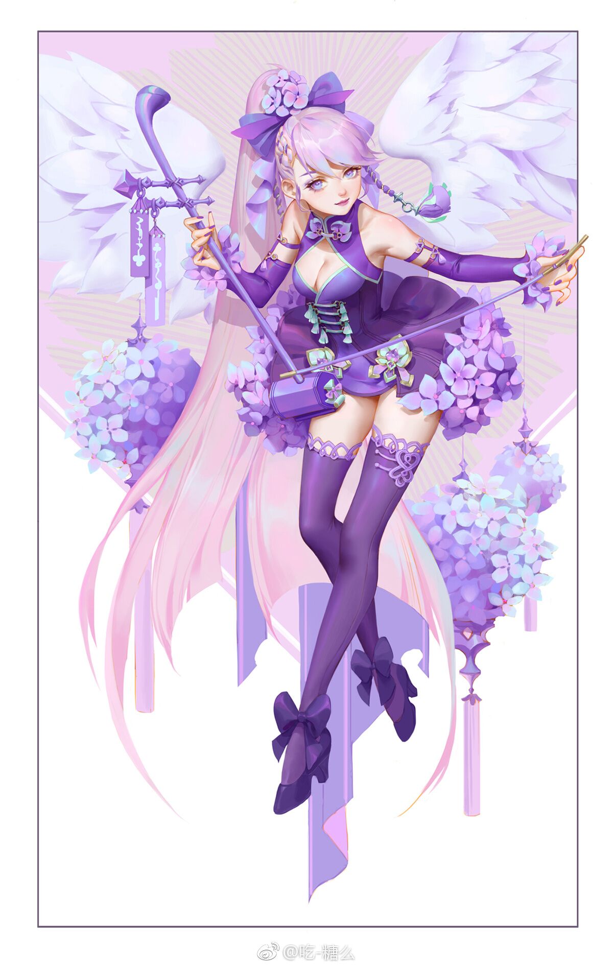 a single female character drawn in an animeinfluenced style. she has long pink hair, pale skin, and purple eyes.  she is dressed in a stylized purple outfit resembling a chinese hanfu with thighhigh stockings and bows. she has large white feathered wings.  she's holding a traditional chinese instrument, the erhu, and playing. the background is white but decorated with large hydrangea blossoms in various shades of purple.