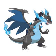 he image shows mega rayquaza, a powerful legendary pokémon from the pokémon video game series.  it's a massive dragonlike creature with large, dark gray and black body,  blue wings, and bright blue flames emanating from its head and tail. the pokémon is depicted in a dynamic pose, showcasing its strength and imposing presence.  the style is consistent with the artwork found in the pokémon games and related media.